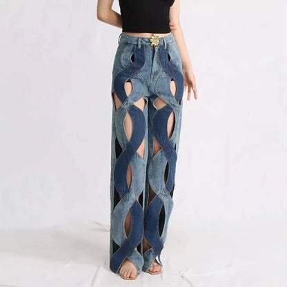 Stylish high-waisted floral distressed denim jeans with a button fly closure and a loose, comfortable fit