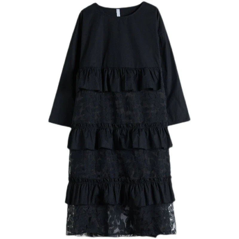 Stylish plus size black dress with lace stitching and long sleeves, perfect for retro-inspired style