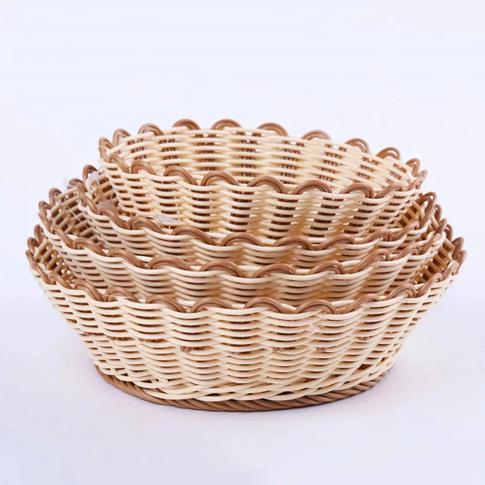 Handwoven fruit and vegetable storage basket made from eco-friendly plastic with rattan-like design and dustproof cover