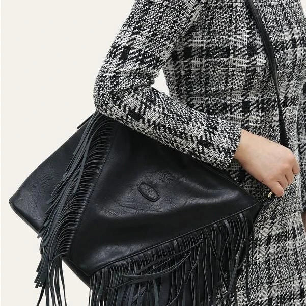 Elegant vegan leather shoulder bag with stylish tassel fringe in black color