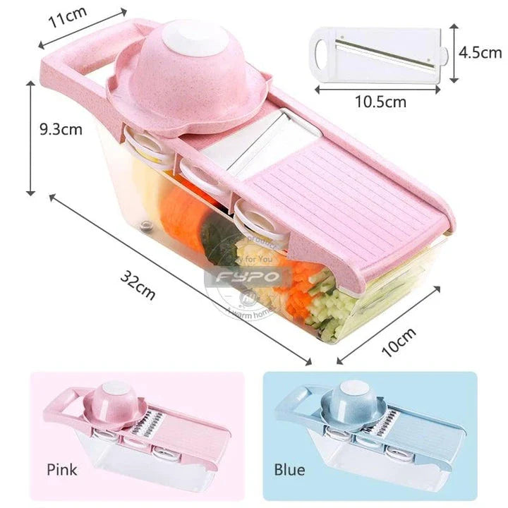 Stainless steel 6-in-1 vegetable cutter with interchangeable blades for slicing, shredding, and chopping a variety of fresh produce