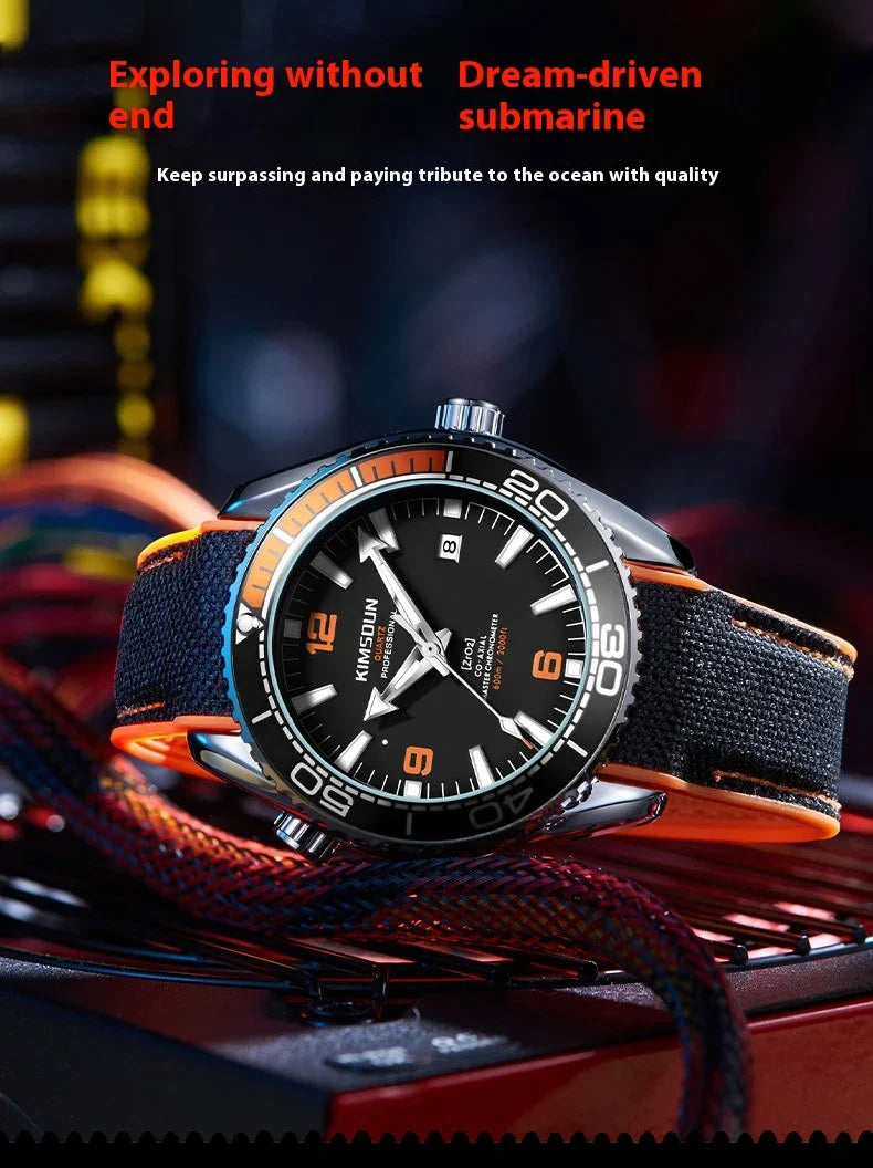 Stylish silver mechanical watch with luminous hands and indices, transparent bottom, and orange accent circle