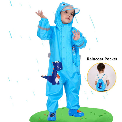 Waterproof dinosaur-themed rain jumpsuit for Kiwi kids, featuring a vibrant cartoon print and durable, protective materials