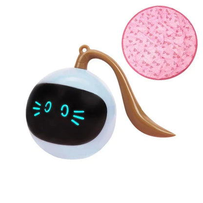 A smart interactive cat toy with a bouncing ball and colorful LED lights, designed to keep indoor cats entertained and engaged.