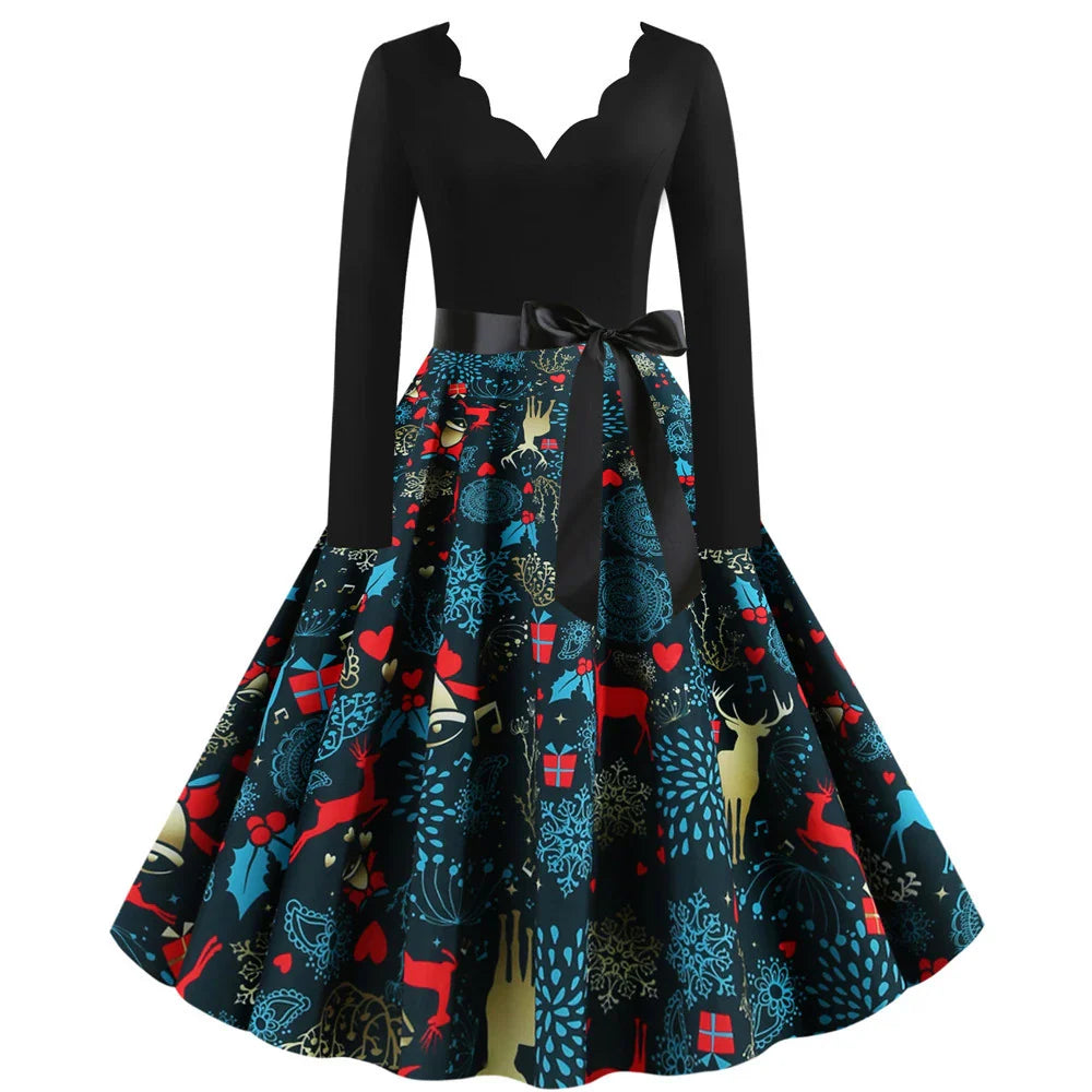 Stylish Kiwi-inspired long sleeve dress with a printed pattern, V-neck, and mid-length skirt in a variety of colors