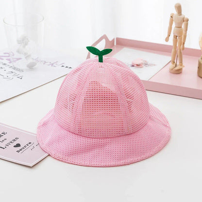 A breathable mesh bucket hat with a cute sprout design, perfect for keeping Kiwi kids cool and stylish during the summer.