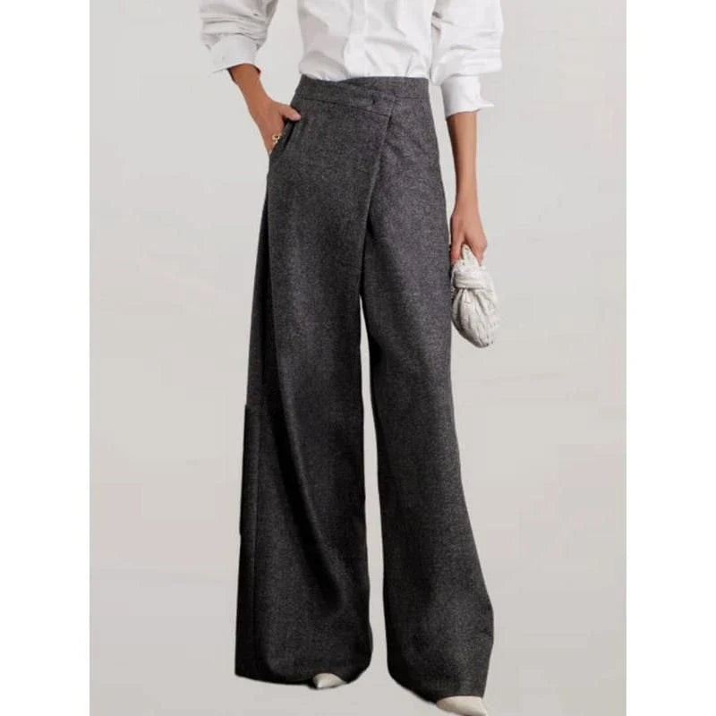 Chic high-waist woollen wide-leg pants with asymmetric details, perfect for the modern Kiwi woman's winter wardrobe