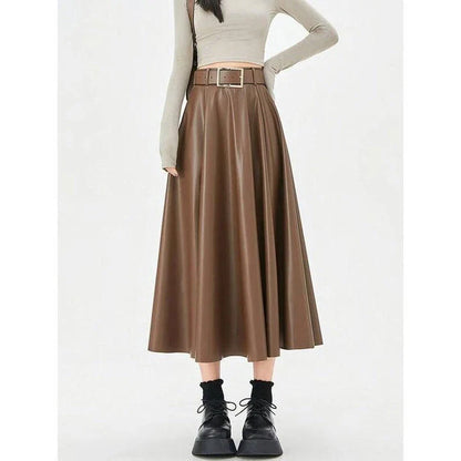 Elegant high-waist faux leather skirt with stylish belt, perfect for office or casual wear