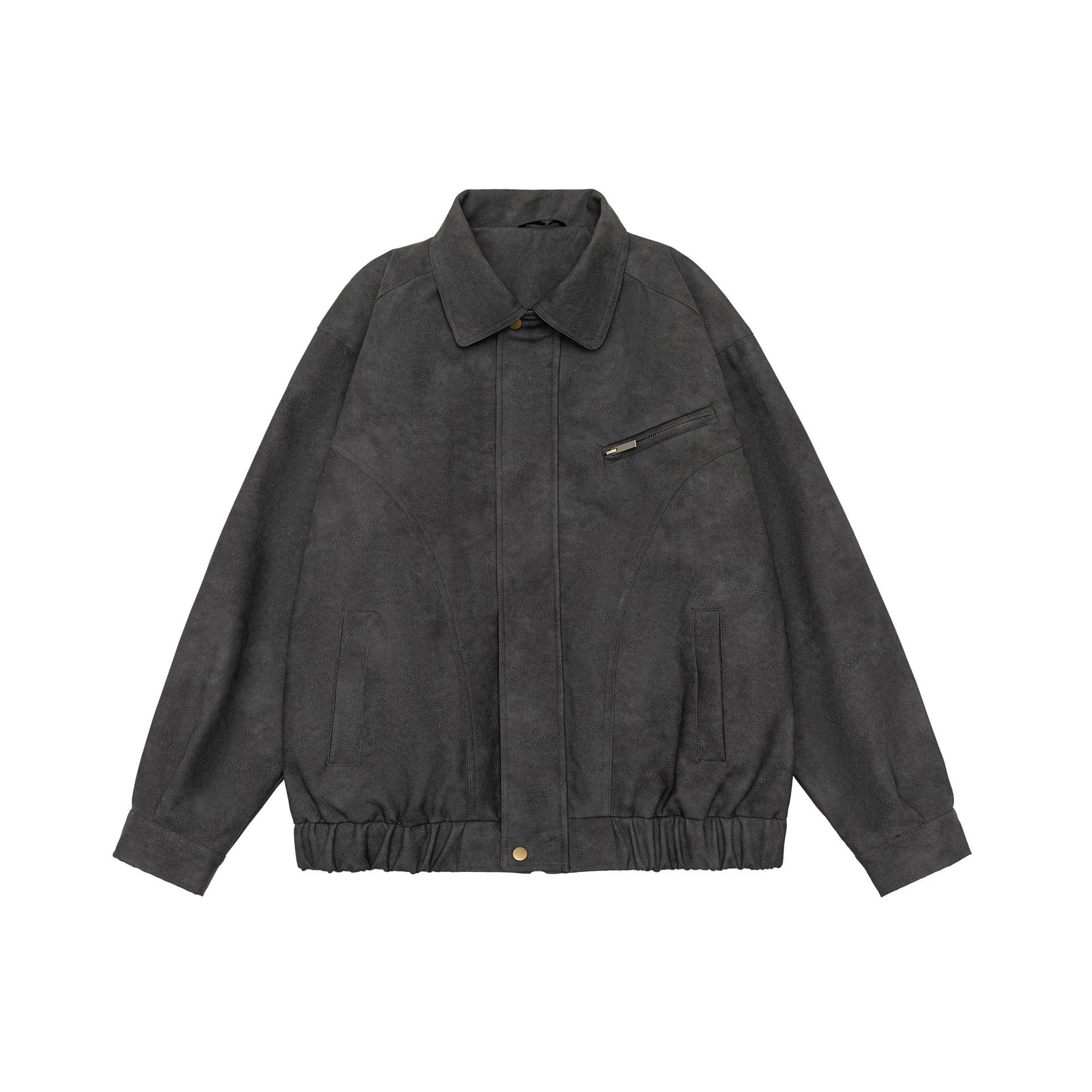 Kiwi-inspired leather jacket with a relaxed, loose fit and classic design elements