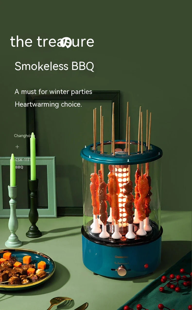 Automatic Multi-function Smoke-free Skewers Machine with ceramic cooking head, bamboo skewers, and insulated gloves