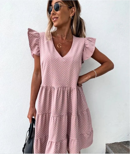 Vibrant digital print V-neck dress with ruffled detailing and flowing silhouette