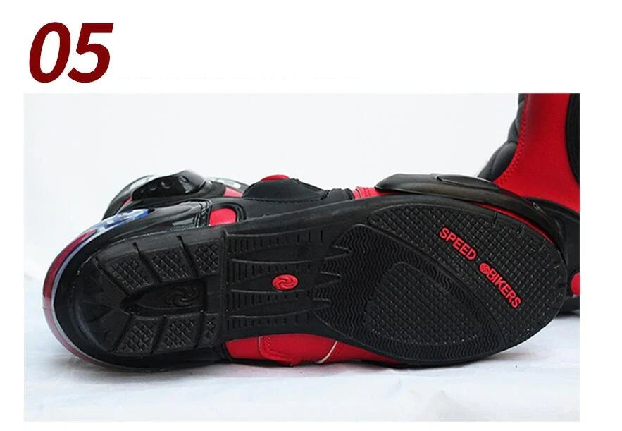 Motorcycle riding boots with reinforced toe and heel, slip-resistant construction, and adjustable straps for a secure fit