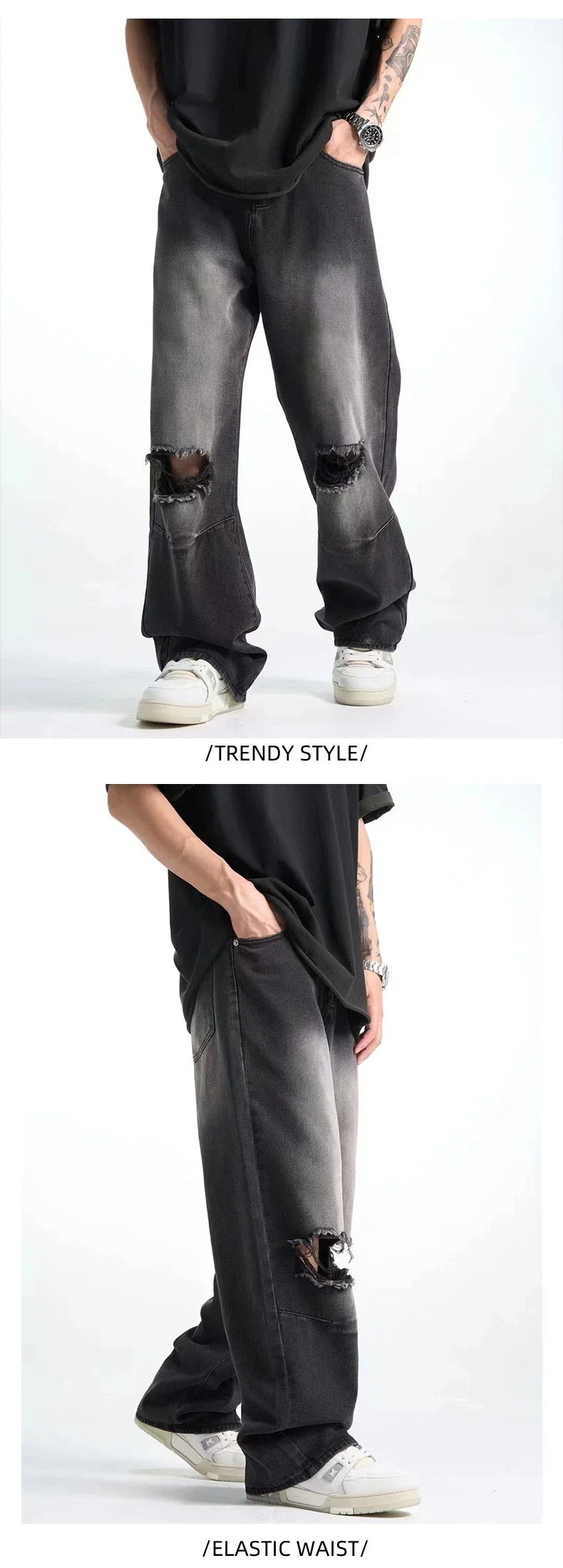 Versatile straight-leg slimming hiphop pants in light blue and black colors, available in sizes S to XXL