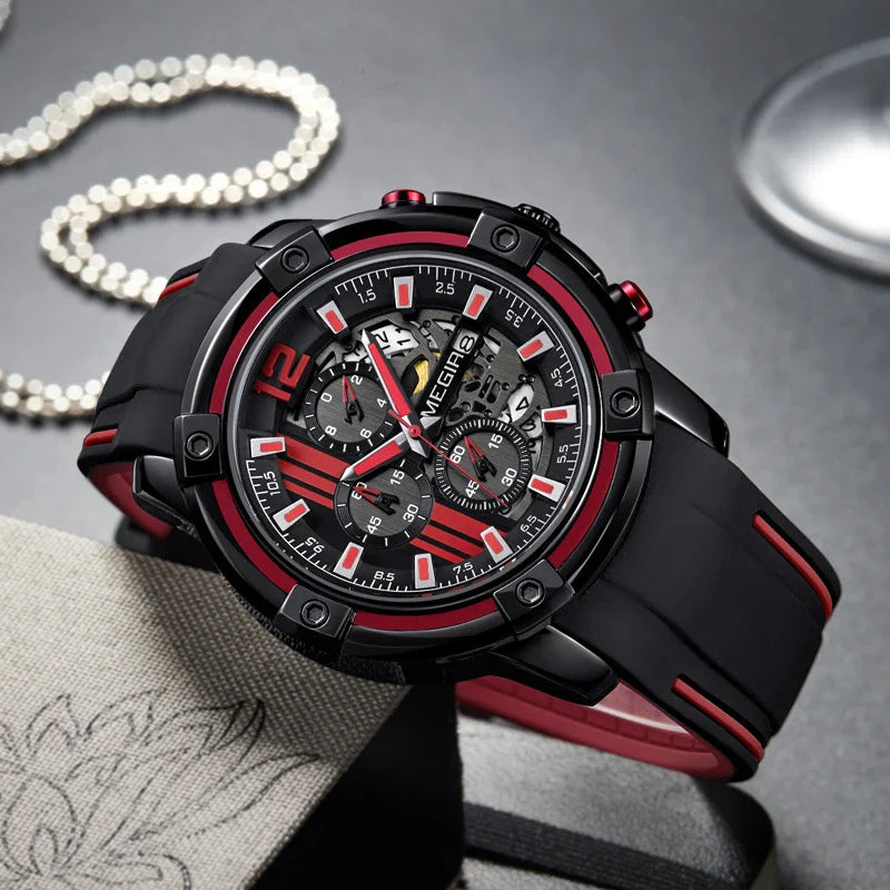 Stylish men's skeleton calendar watch with a large 48mm dial, available in red, yellow, and white face colors with a black strap