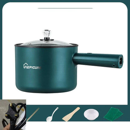 Versatile electric cooker in Emerald Green and Sapphire Blue colours, featuring manual and smart pot models with steaming grids for a range of cooking functions.