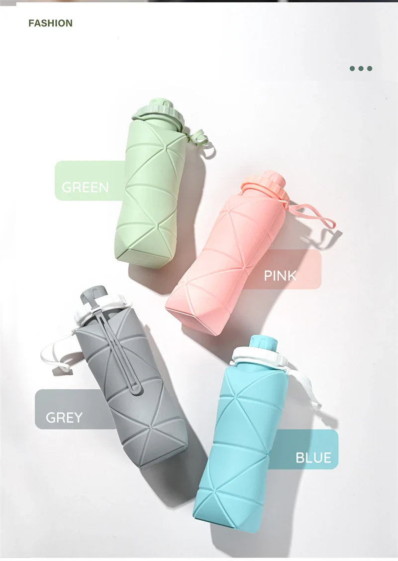 600ml folding silicone water bottle in green, pink, blue, and gray colors for outdoor sports and travel use