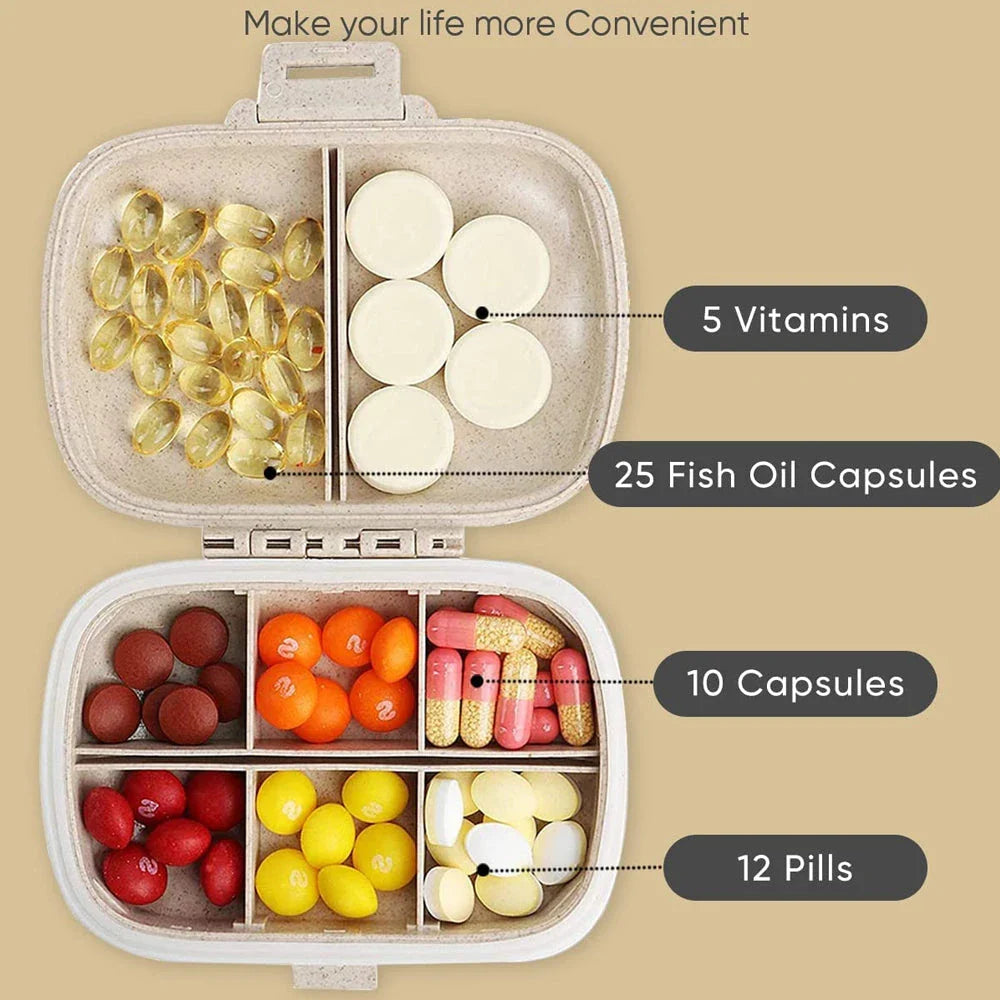 Compact and portable pill organiser with 8 compartments, perfect for Kiwi travellers to keep their daily vitamins and medications organised