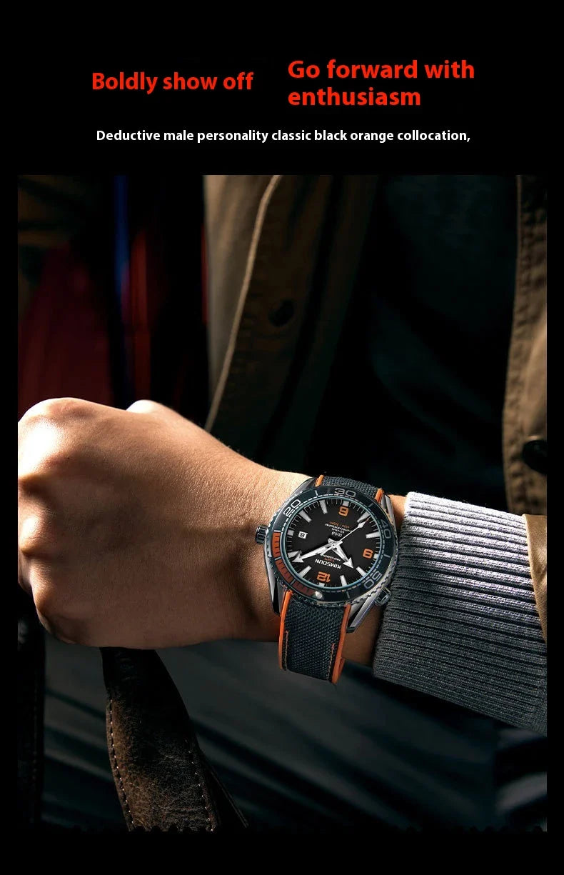 Stylish silver mechanical watch with luminous hands and indices, transparent bottom, and orange accent circle