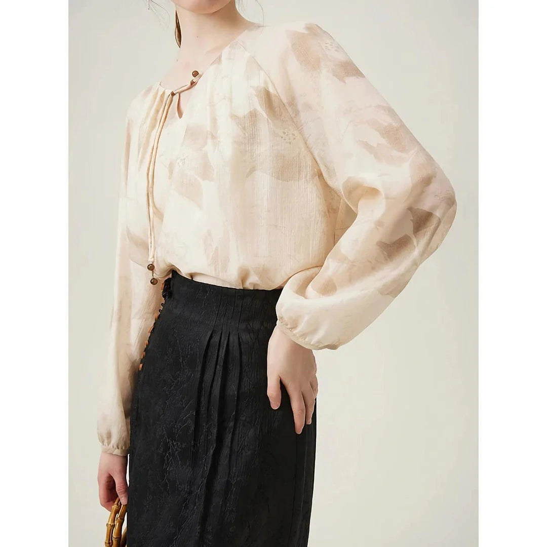 Sophisticated Kiwi-inspired beige floral print blouse with lace-up neck detail, ideal for office or casual wear