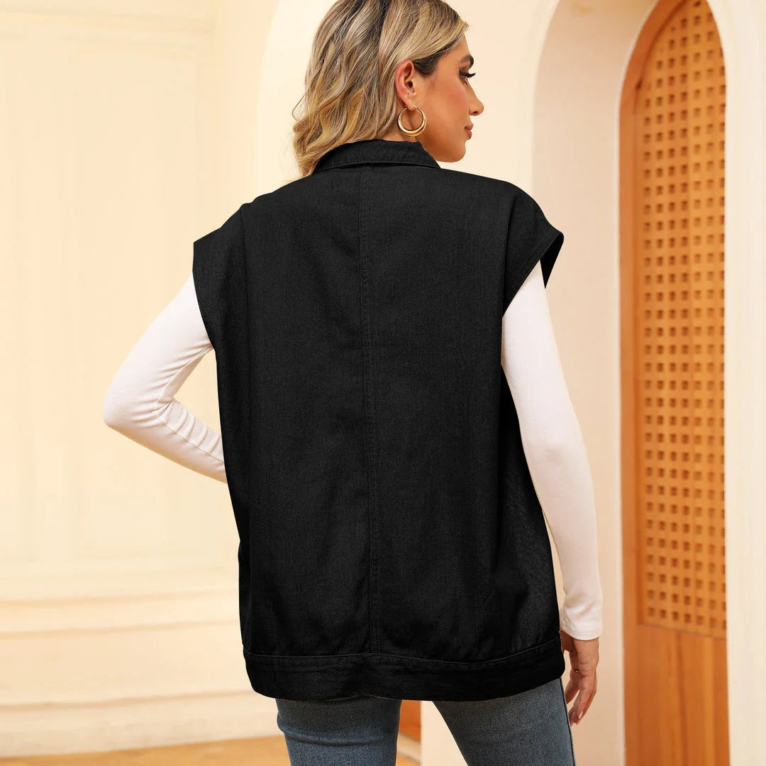 Trendha Denim Vest with Big Pockets - A stylish and functional sleeveless outwear piece for Kiwi women