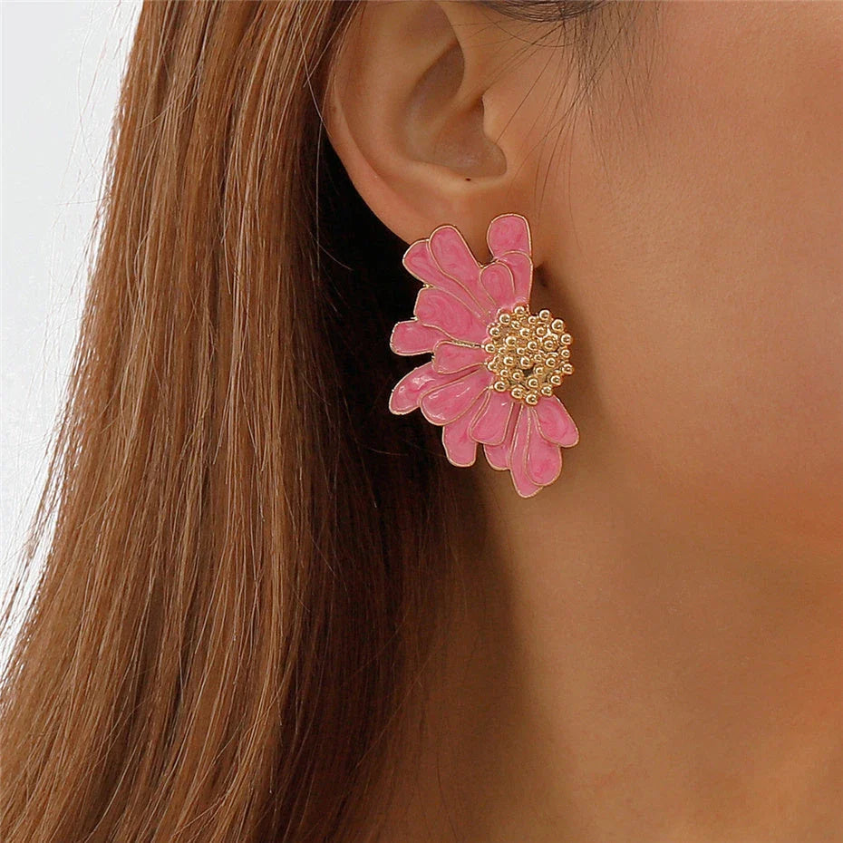 Vibrant Boho Chic Flower Petal Stud Earrings in a variety of colours, including green, blue, purple, and pink