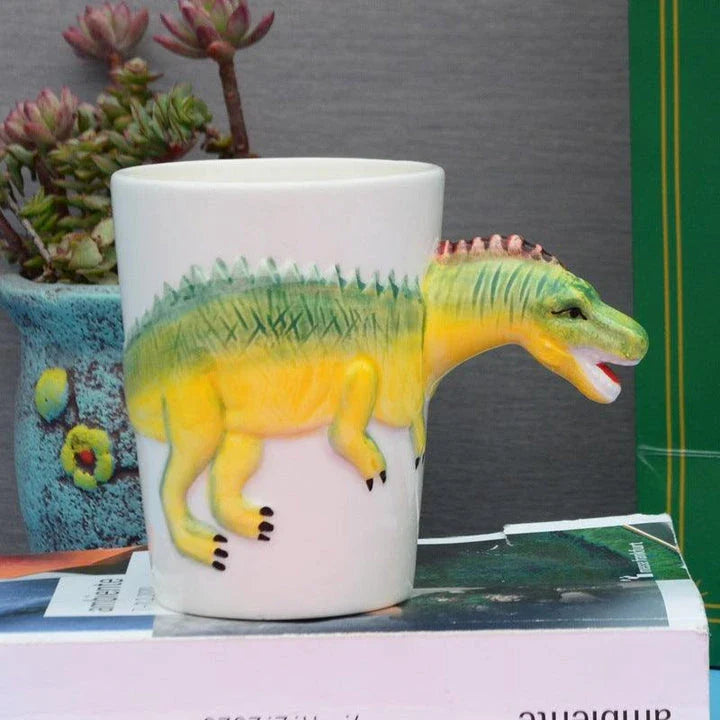 Unique 3D Ceramic Dinosaur Mugs in Tyrannosaurus, Stegosaurus, Triceratops, and Helmet designs - Premium porcelain construction with hand-painted details