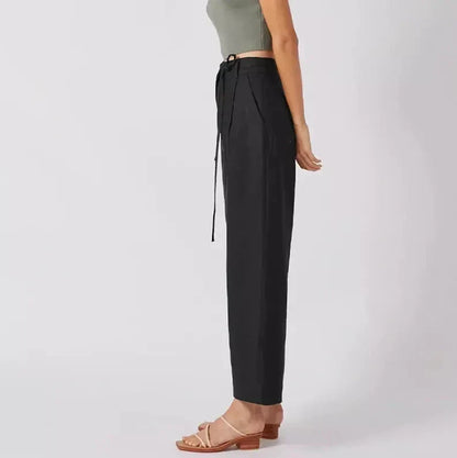 Elegant high-waist linen trousers with Korean-inspired design, featuring lace-up detail and button decorations for a sophisticated and comfortable look.