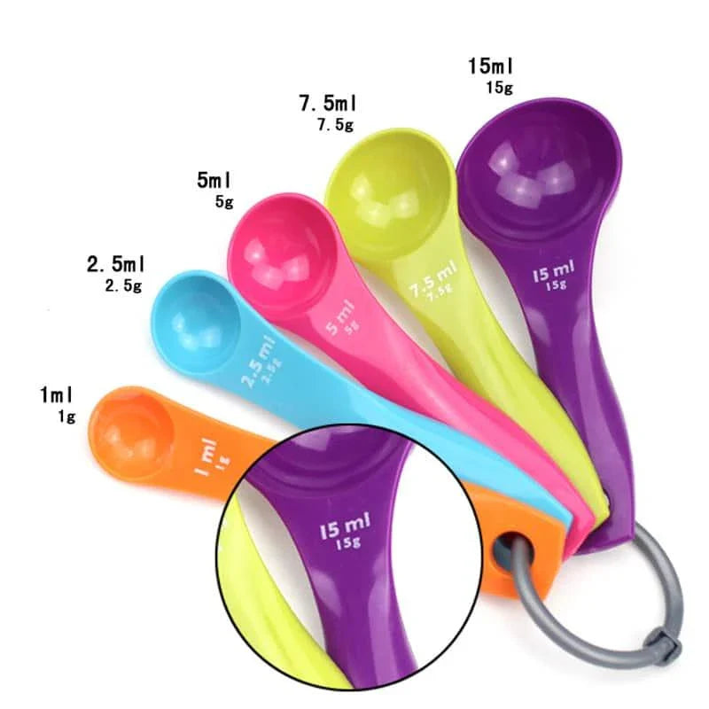 Set of 5 colourful measuring spoons in vibrant shades of red, blue, green, yellow, and orange