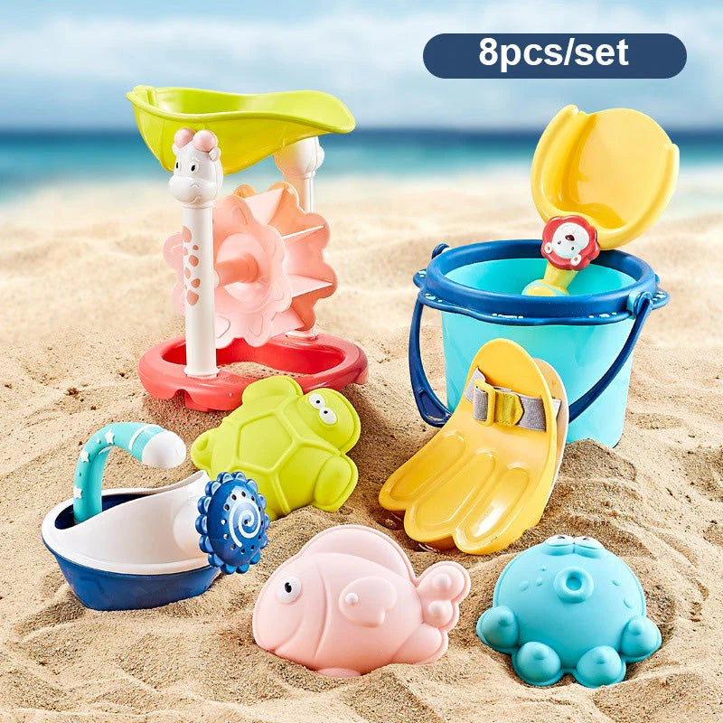 Colourful beach toy set with shovels, sand moulds, and a carry bag for Kiwi kids to enjoy outdoor play and exploration during the summer