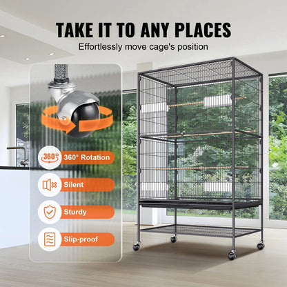 Spacious and secure large bird cage made of durable carbon steel with lockable wheels for easy mobility