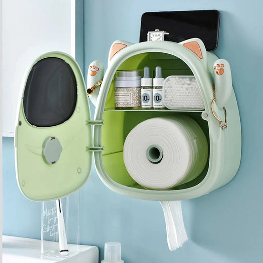 Stylish Lucky Cat Tissue Box and Bathroom Organiser with compartments for storing tissues and small accessories