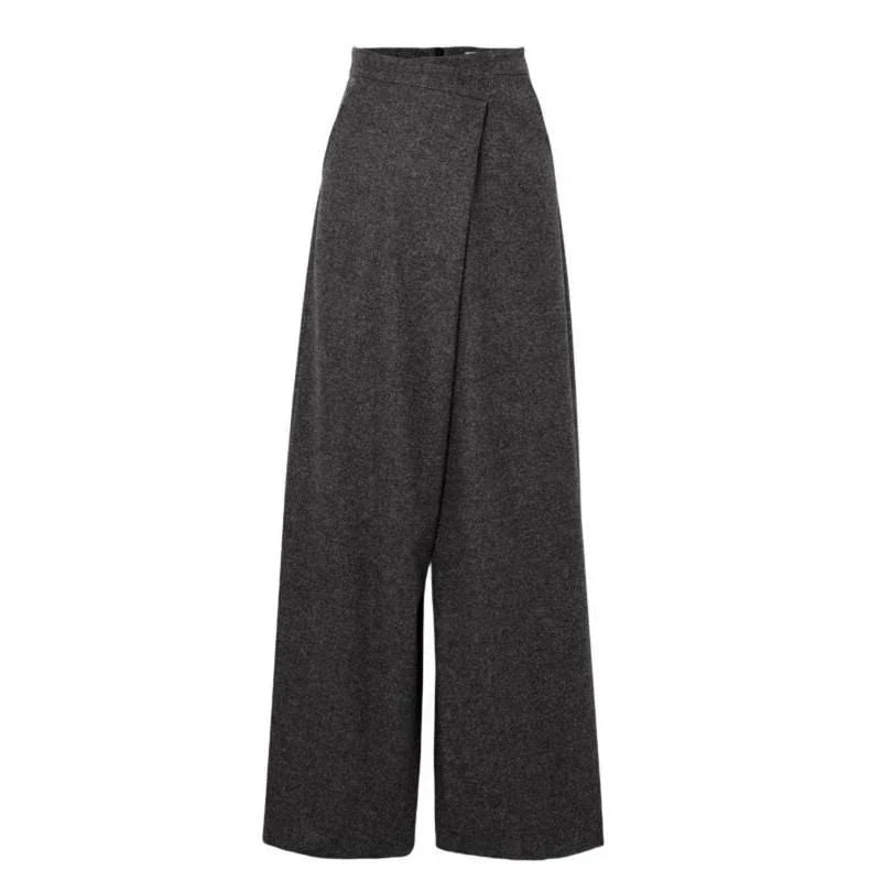 Chic high-waist woollen wide-leg pants with asymmetric details, perfect for the modern Kiwi woman's winter wardrobe