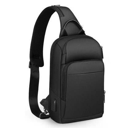 A black, water-resistant crossbody chest bag made from durable Oxford fabric, perfect for everyday use in New Zealand.