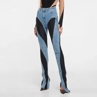 High Waist Slim Fit Patchwork Denim Pants in various sizes and colors, perfect for Kiwi fashion enthusiasts