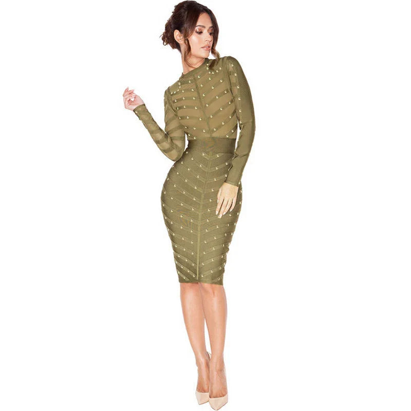 Stylish mesh long sleeve dress in green, featuring a flattering silhouette and eco-friendly New Zealand-sourced materials