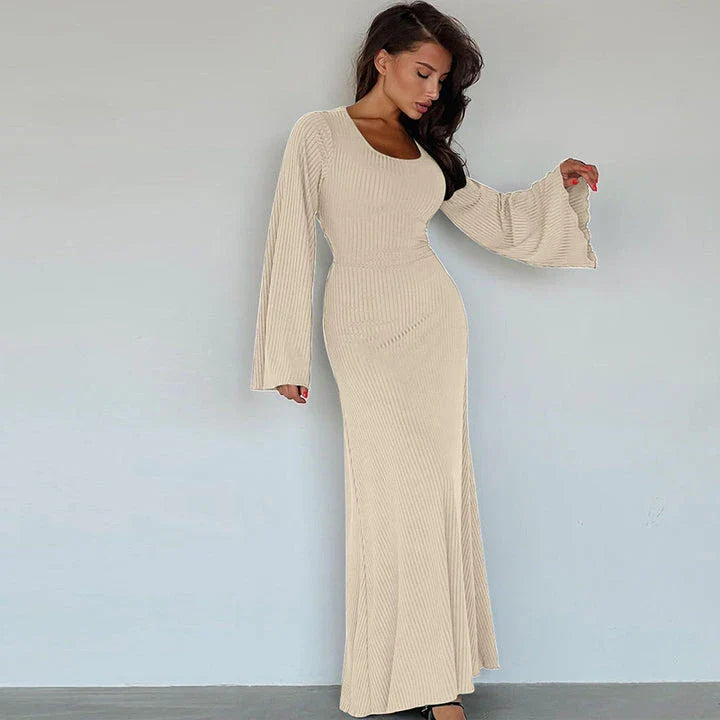 Women's U-Neck Dress with Lace-Up Back and Long Bell Sleeves in Assorted Colours