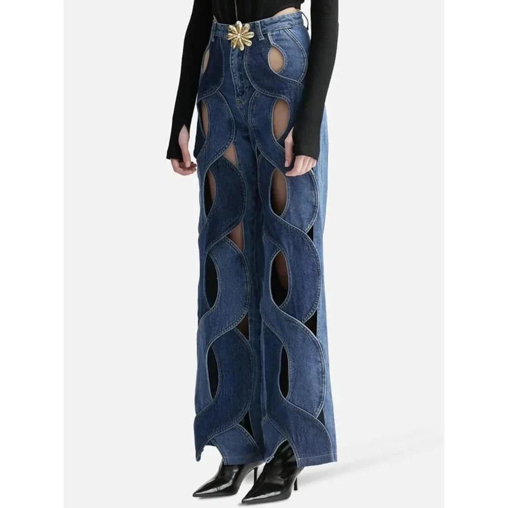 High-Rise Straight-Leg Denim Jeans with Stylish Cross-Contrast Design