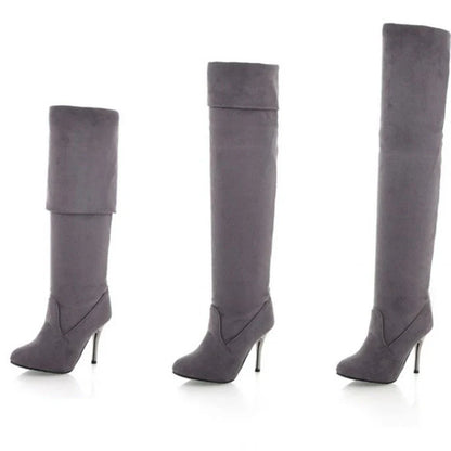 Pointed over-the-knee stretch high heel boots in a stylish grey color