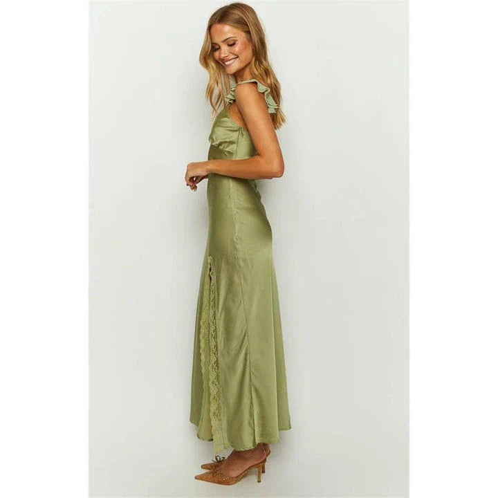 Elegant sleeveless ruffle maxi dress with backless design, perfect for formal events and parties