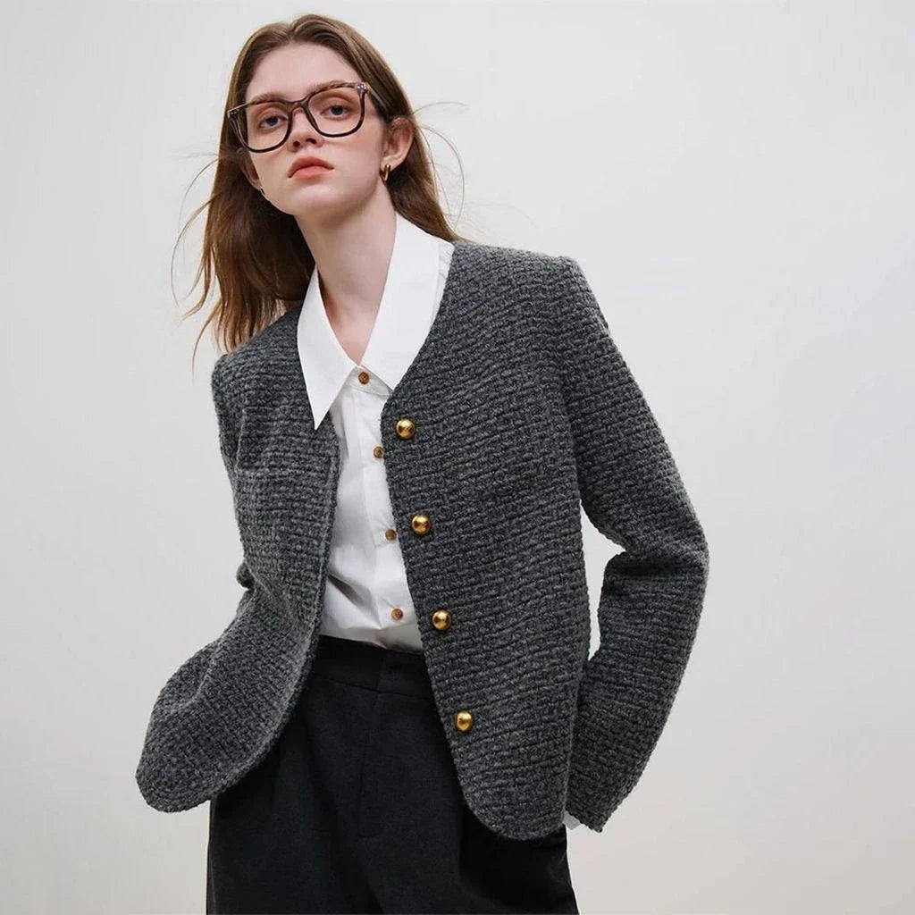 Warm and stylish women's winter jacket made of wool tweed fabric with a chic solid pattern and V-neck collar design