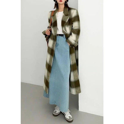 A stylish plaid double-breasted long wool coat for fashionable Kiwi women, featuring a cozy and elegant design with functional pockets and a versatile turn-down collar.