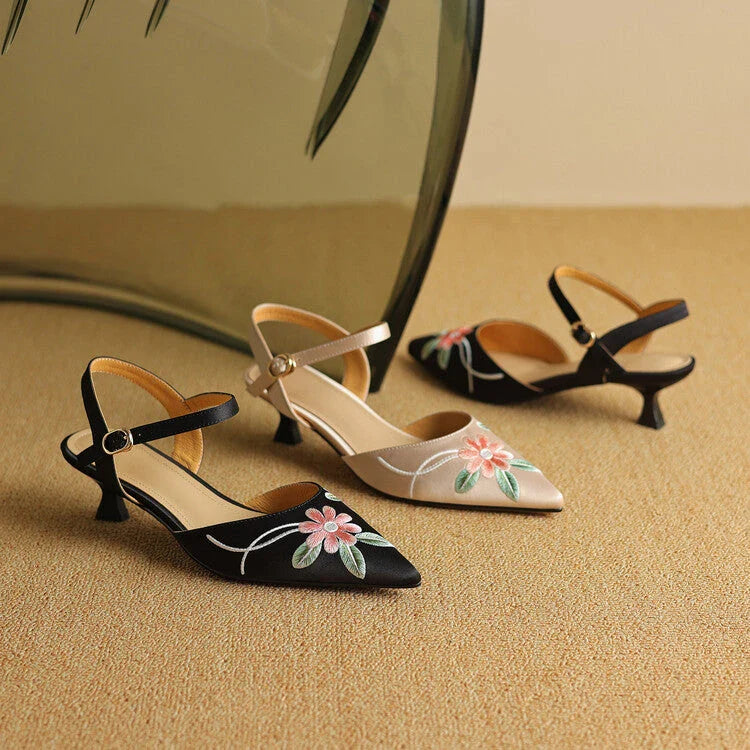 Embroidered pointed toe summer sandals with spike heel and adjustable buckle strap, perfect for Kiwi fashion