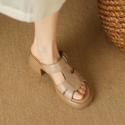 Premium cow leather sandals with a stylish buckle detail and a supportive square heel, perfect for Kiwi summer fashion.