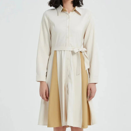 Elegant Beige A-line Long Sleeve Dress with Turn-down Collar and Belt for Flattering Fit