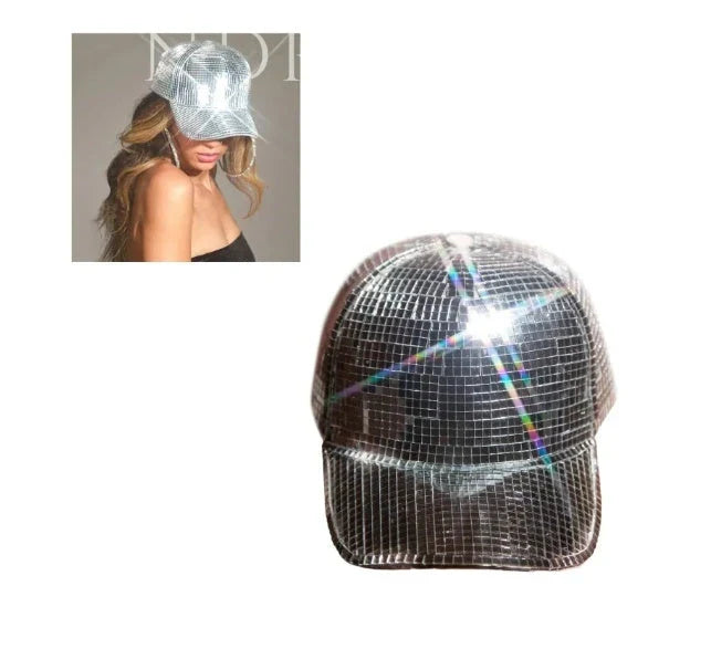 Silver mirror peaked cap with a stylish and reflective design, perfect for summer parties and events