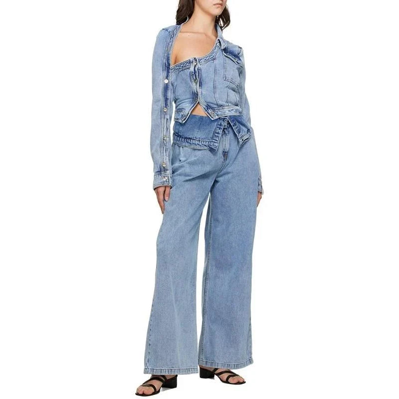 A stylish patchwork denim jacket with an irregular hem, perfect for New Zealand fashion enthusiasts.