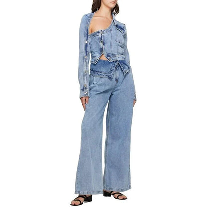 A stylish patchwork denim jacket with an irregular hem, perfect for New Zealand fashion enthusiasts.