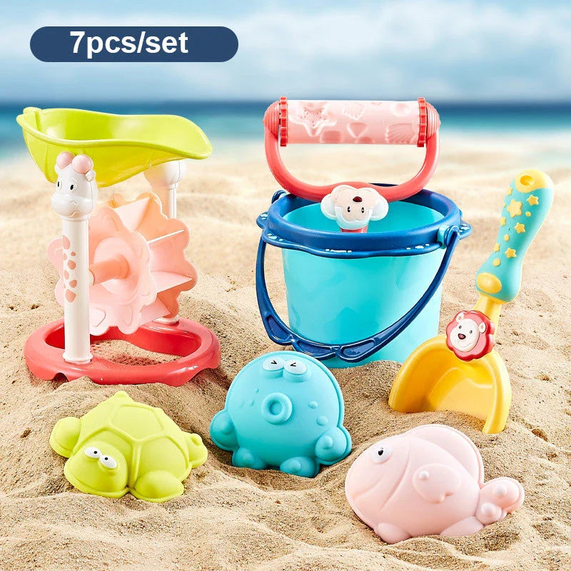 Colourful beach toy set with shovels, sand moulds, and a carry bag for Kiwi kids to enjoy outdoor play and exploration during the summer