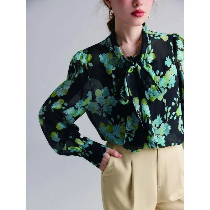 Elegant floral silk blend blouse with puff sleeves and bow collar, a timeless fashion statement for Kiwi women