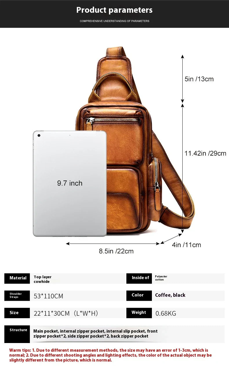 A premium cowhide chest bag with a sleek, minimalist design, perfect for the modern Kiwi on the go.